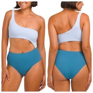Wilo Women Teal Blue Asymmetrical Cut Out Colorblock Onepiece Swimsuit sz Large
